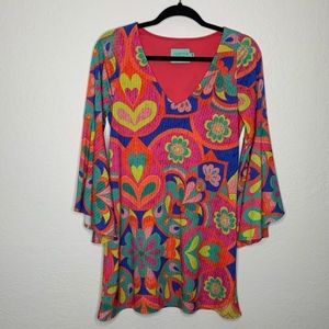 Judith March Groovy Psychedelic Bell Sleeve Dress Retro